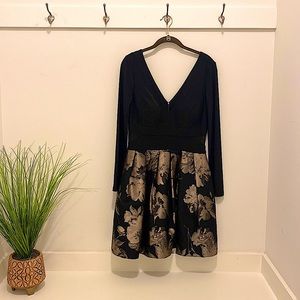 Black Long Sleeve Dress w/ Champagne Floral Bottom, Mesh Side Cut-Outs & Pockets